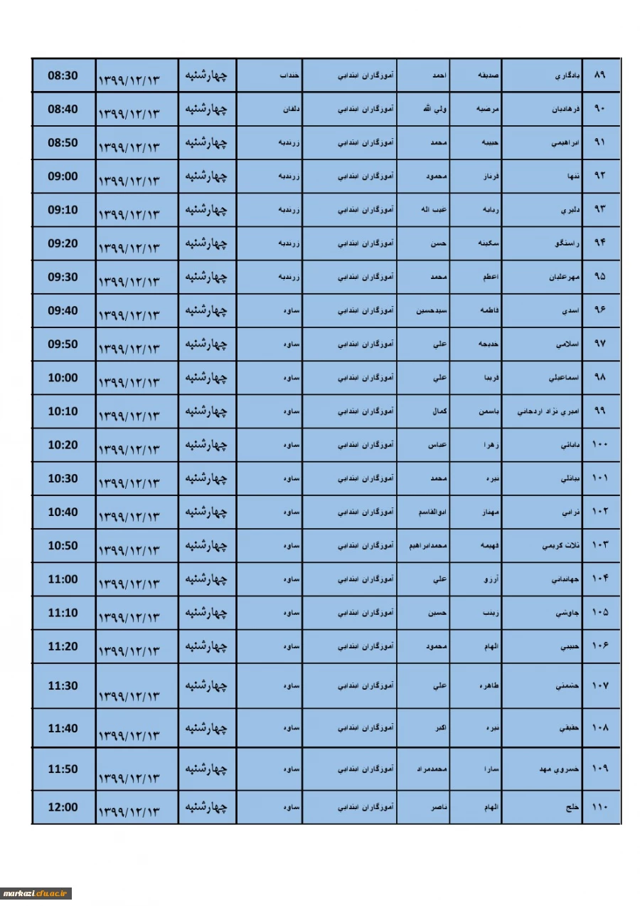 جدول زمان بندی مهارت آموزان