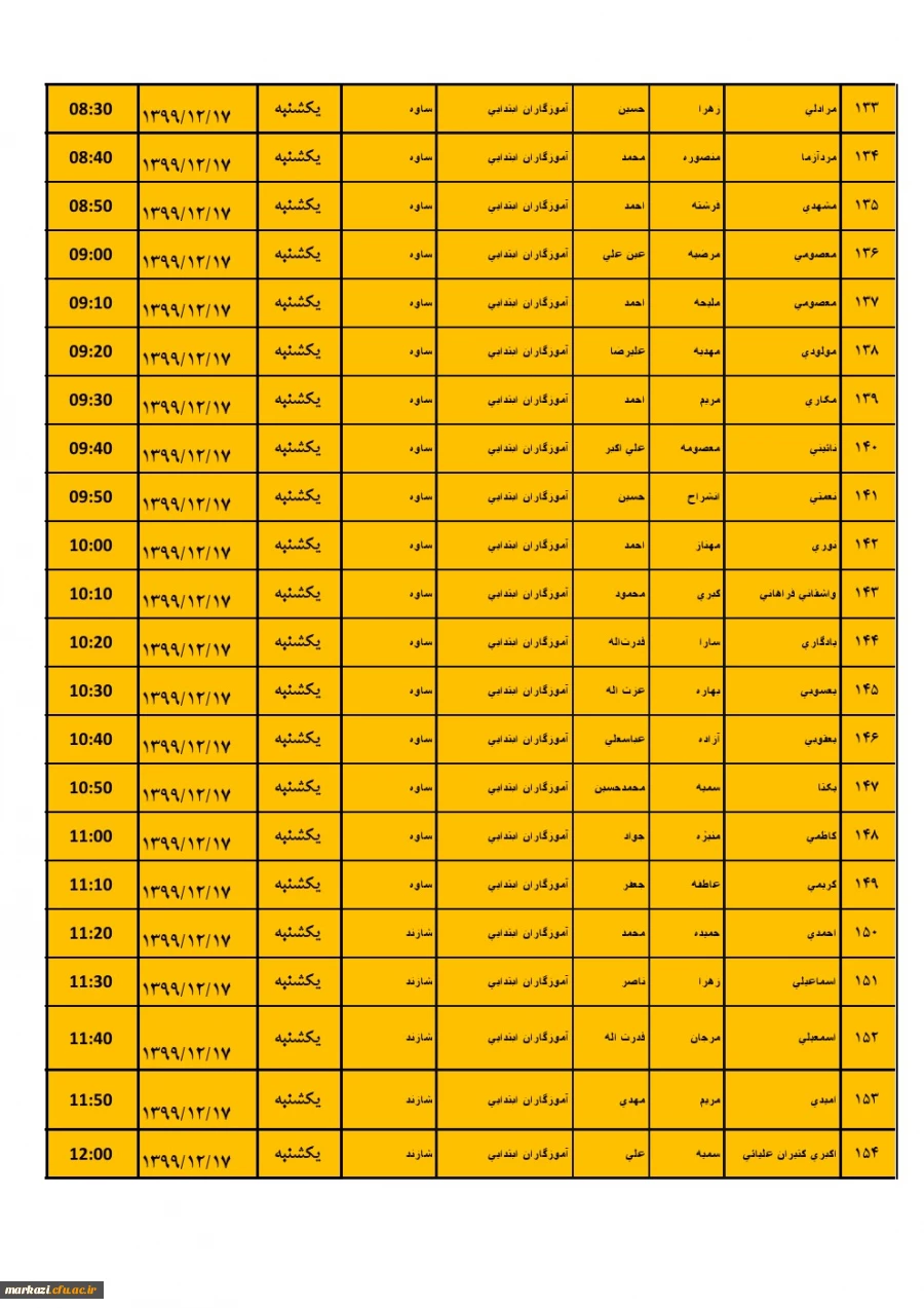 جدول زمان بندی مهارت آموزان