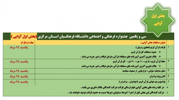 جدول زمانبندی برگزاری بخشهای دهگانه مسابقات قرآن و عترت دانشگاه فرهنگیان  2