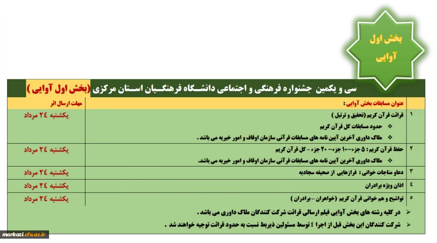 جدول زمانبندی برگزاری بخشهای دهگانه مسابقات قرآن و عترت دانشگاه فرهنگیان  2
