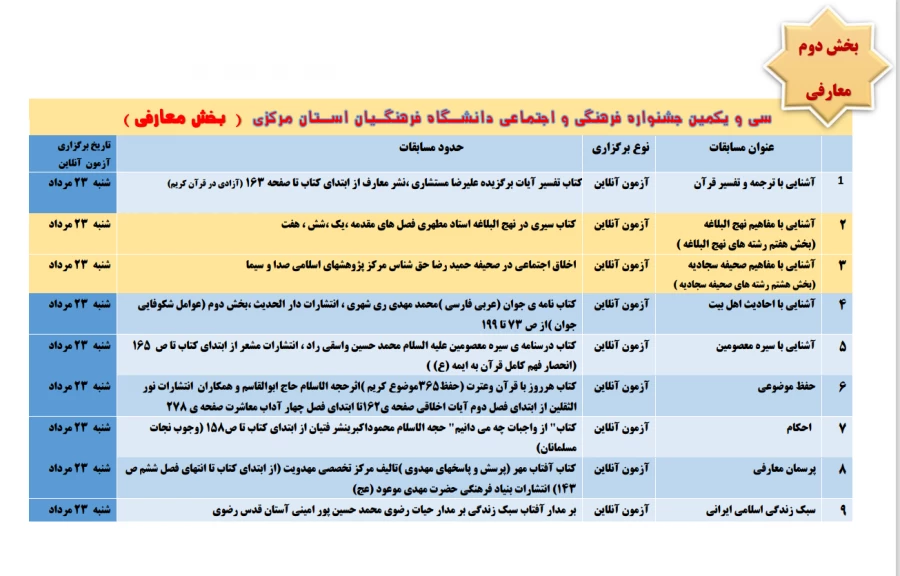جدول زمانبندی برگزاری بخشهای دهگانه مسابقات قرآن و عترت دانشگاه فرهنگیان  3