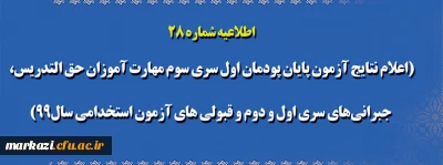 اطلاعیه شماره ۲۸

اعلام نتایج آزمون پایان پودمان اول سری سوم مهارت آموزان حق التدریس، جبرا نی های سری اول و دوم و قبولی های آزمون استخدامی سال99

