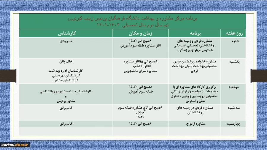 برنامه مرکز مشاوره و بهداشت پردیس حضرت زینب کبری(س)