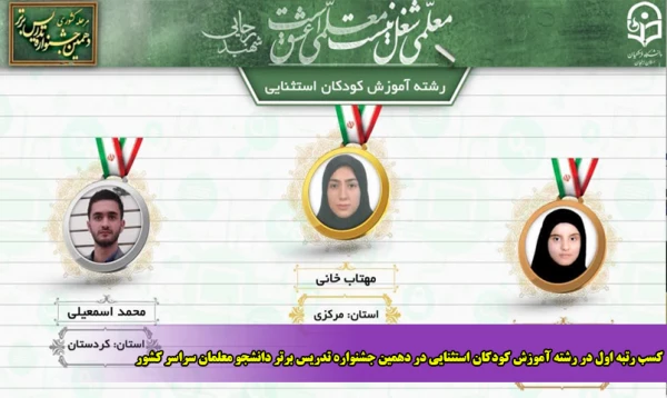 کسب رتبه اول در رشته آموزش کودکان استثنایی در دهمین جشنواره تدریس برتر دانشجو معلمان سراسر کشور 2