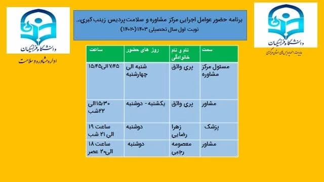 برنامه حضور عوامل اجرایی مرکز مشاوره و سلامت پردیس حضرت زینب کبری(س)